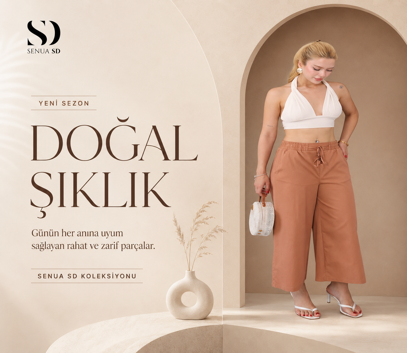 Senua SD yeni sezon doğal şıklık koleksiyonu - kadın geniş paça pantolon ve crop bluz